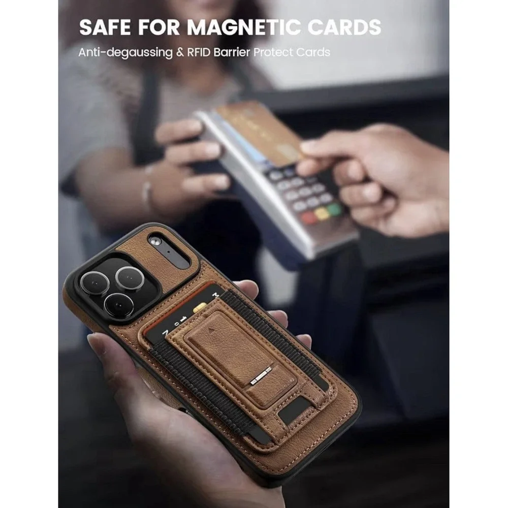 iPhone 17 Pro Leather Case, Wallet Case with Card Holder (3 Cards) & Kickstand
